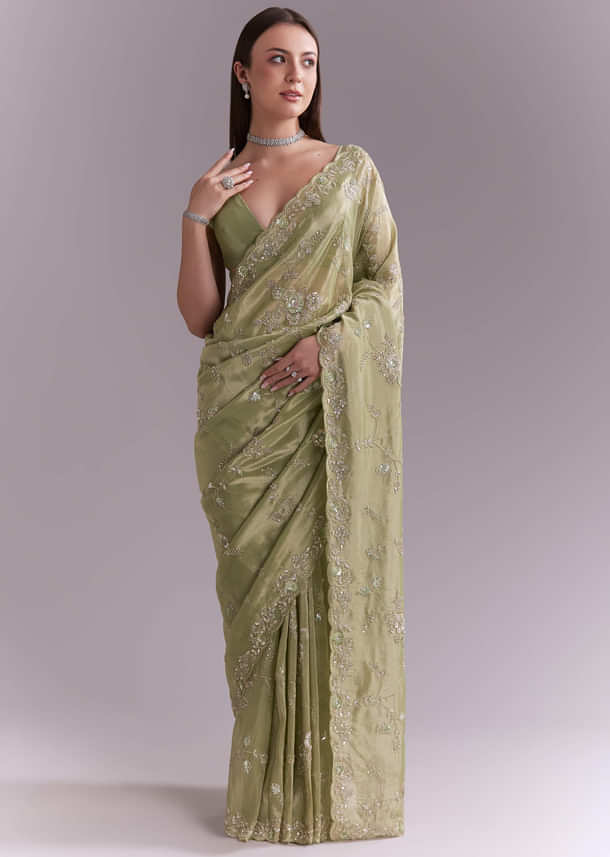 Pista Green Tissue Saree With Heavy Floral Embroidery Pista Green Tissue Saree With Heavy Floral Embroidery
