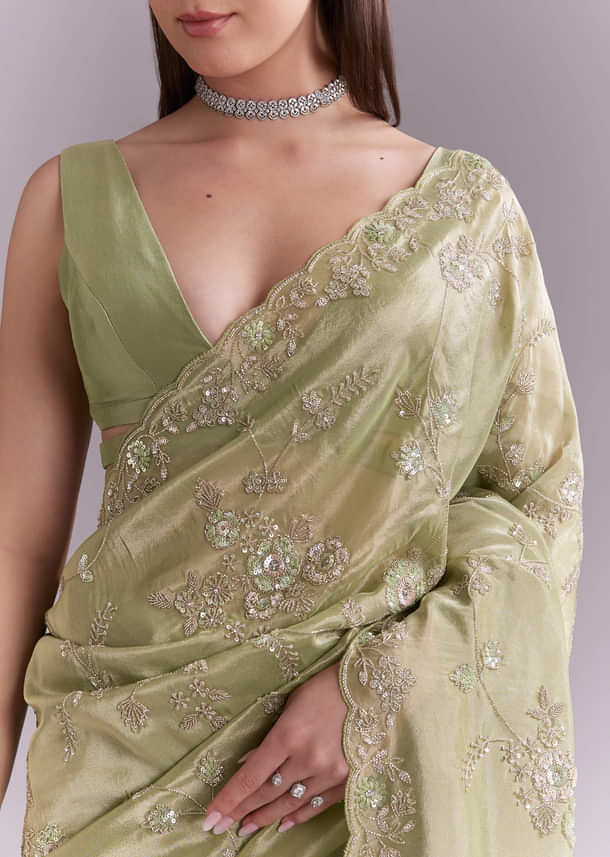 Pista Green Tissue Saree With Heavy Floral Embroidery Pista Green Tissue Saree With Heavy Floral Embroidery