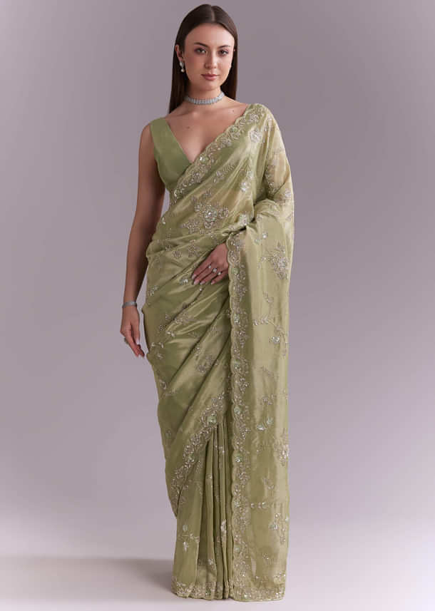 Pista Green Tissue Saree With Heavy Floral Embroidery Pista Green Tissue Saree With Heavy Floral Embroidery