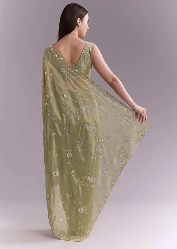 Pista Green Tissue Saree With Heavy Floral Embroidery Pista Green Tissue Saree With Heavy Floral Embroidery