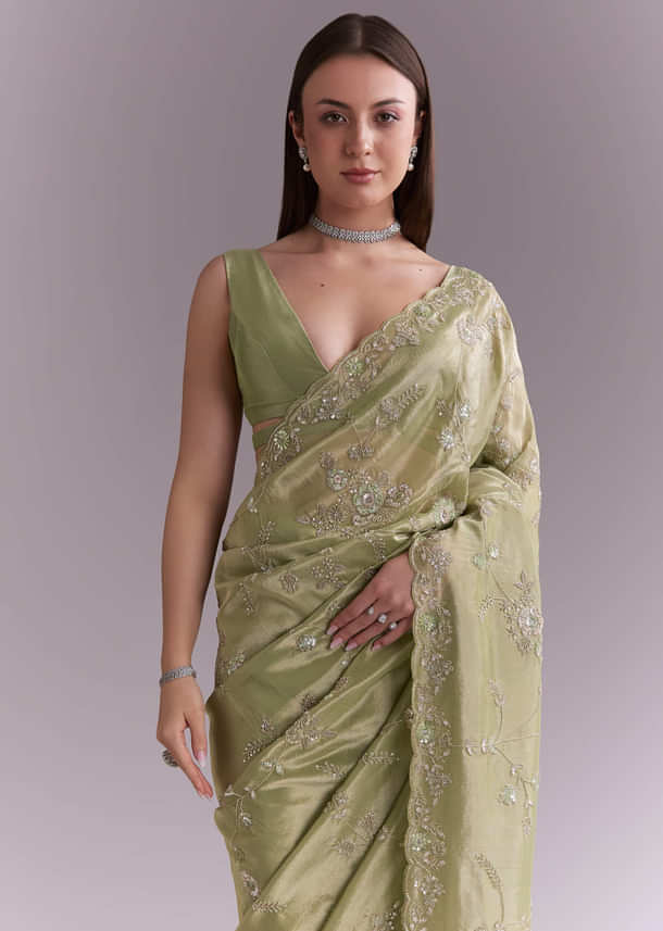 Pista Green Tissue Saree With Heavy Floral Embroidery Pista Green Tissue Saree With Heavy Floral Embroidery