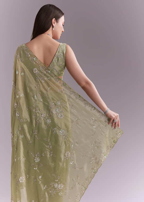 Pista Green Tissue Saree With Heavy Floral Embroidery Pista Green Tissue Saree With Heavy Floral Embroidery