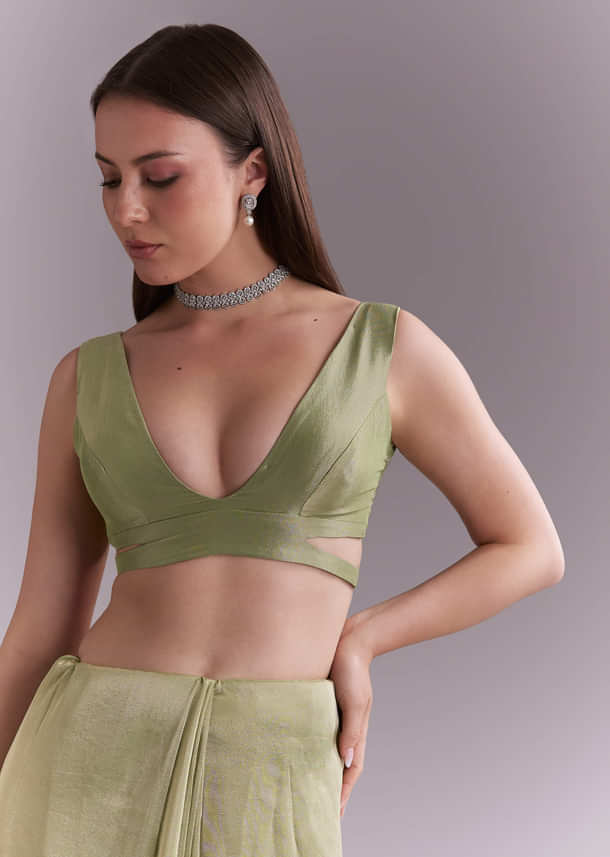 Pista Green Tissue Saree With Heavy Floral Embroidery Pista Green Tissue Saree With Heavy Floral Embroidery