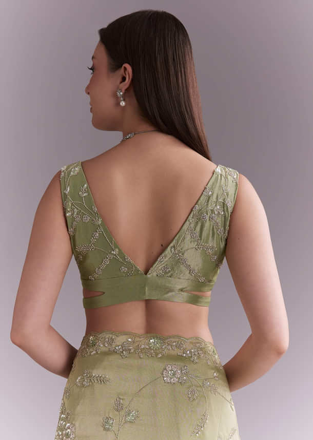 Pista Green Tissue Saree With Heavy Floral Embroidery Pista Green Tissue Saree With Heavy Floral Embroidery