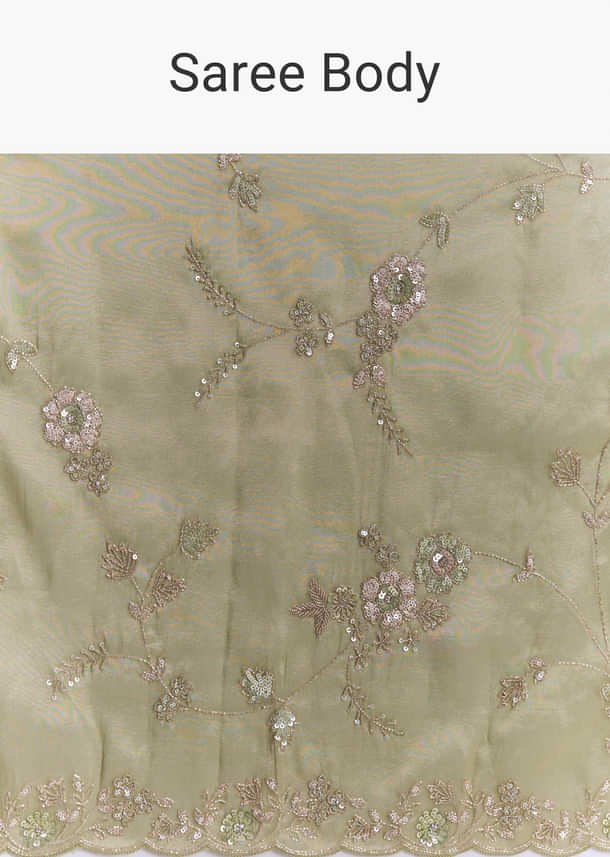 Pista Green Tissue Saree With Heavy Floral Embroidery Pista Green Tissue Saree With Heavy Floral Embroidery