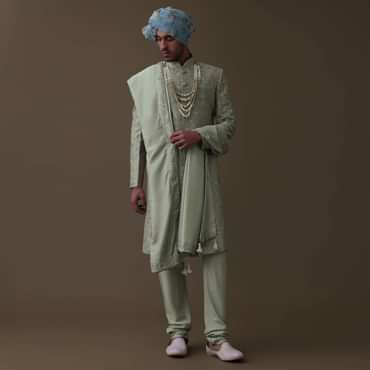 Pista Green Sherwani Set In Raw Silk With Cut Dana And Thread Embroidery