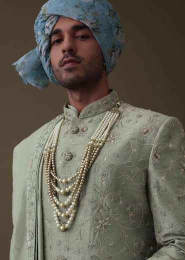 Pista Green Sherwani Set In Raw Silk With Cut Dana And Thread Embroidery