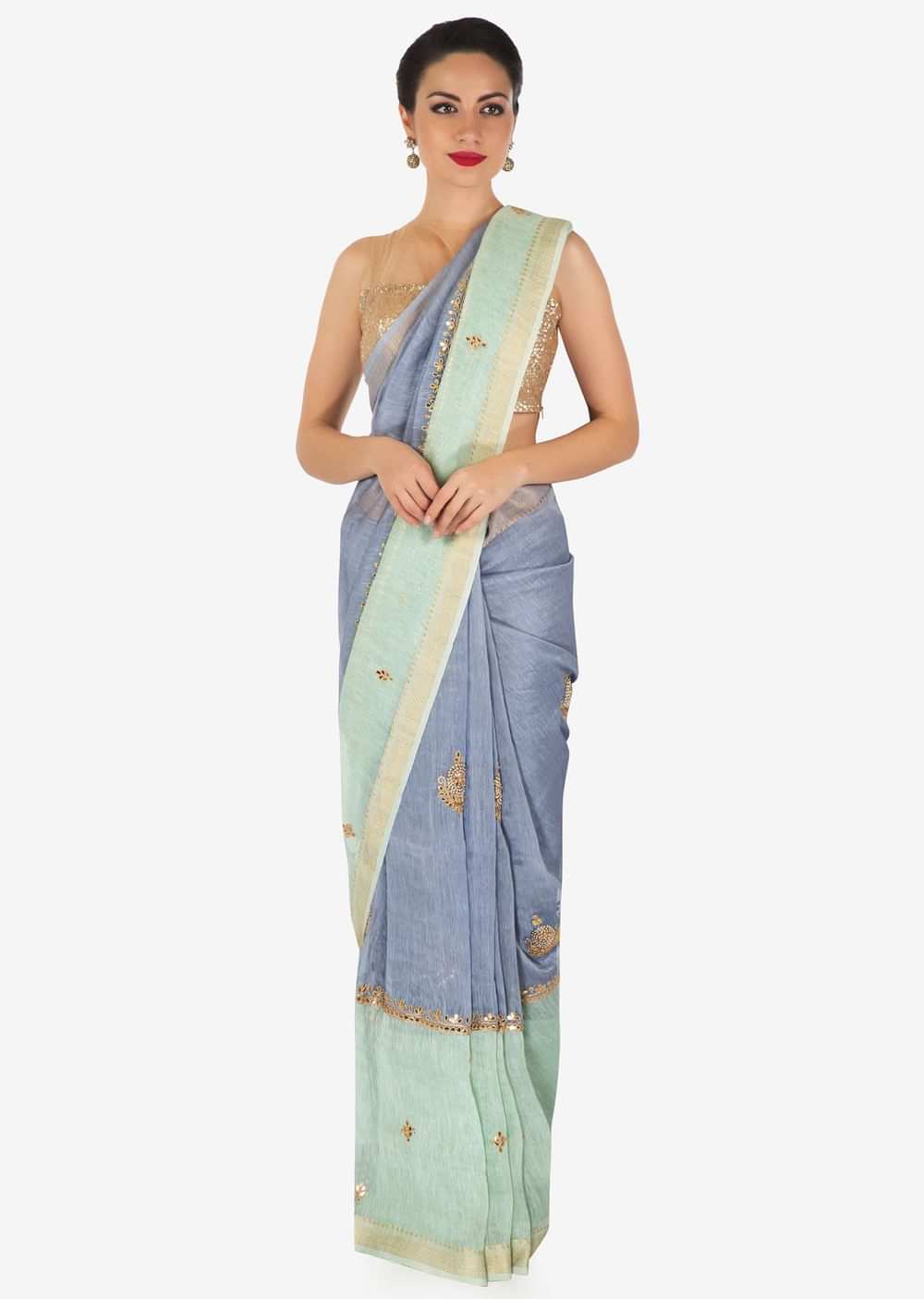 Pista green and blue saree in silk with gotta patch and moti embroidered butti only on Kalki - KALKI Fashion India