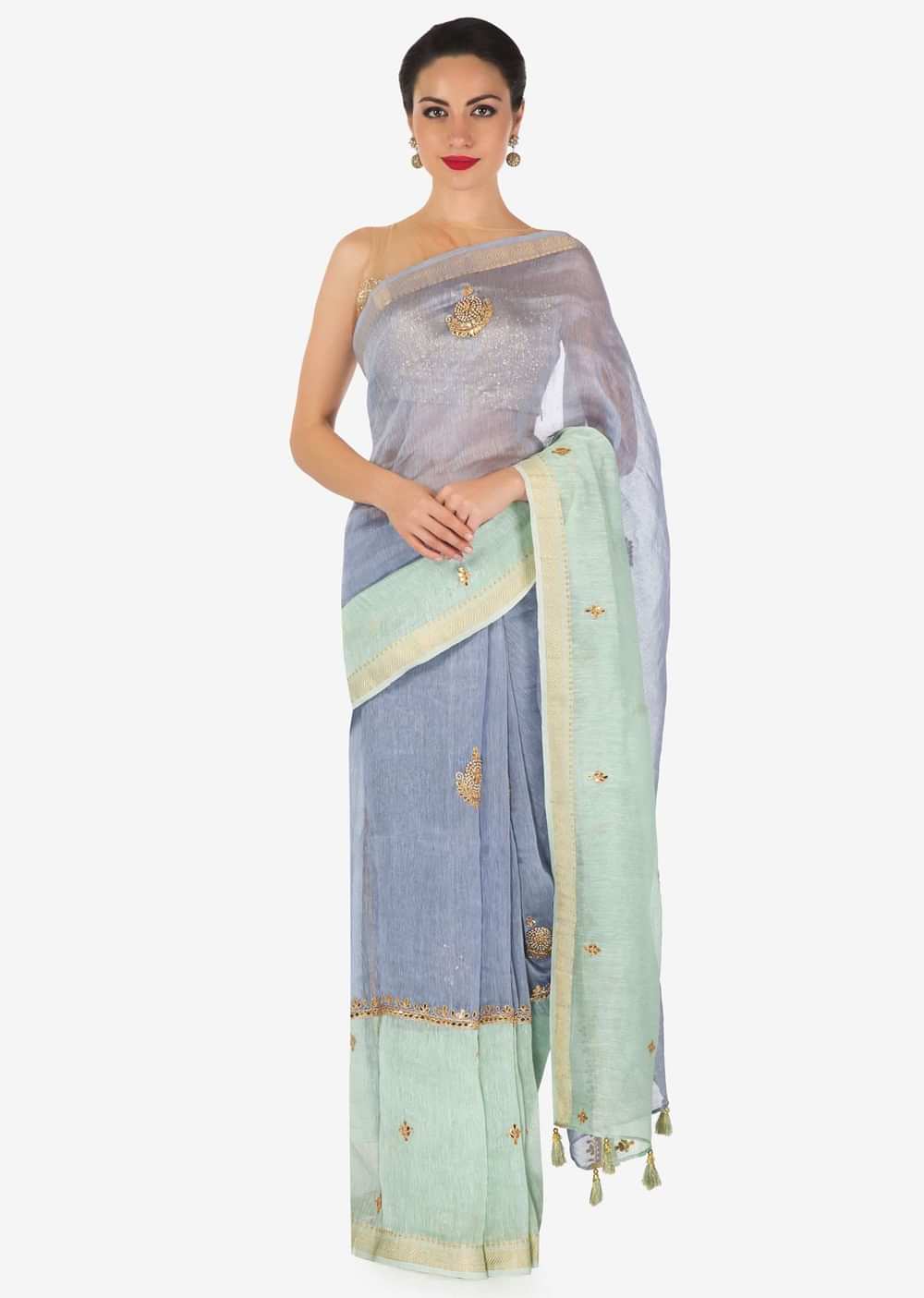 Pista green and blue saree in silk with gotta patch and moti embroidered butti only on Kalki - KALKI Fashion India