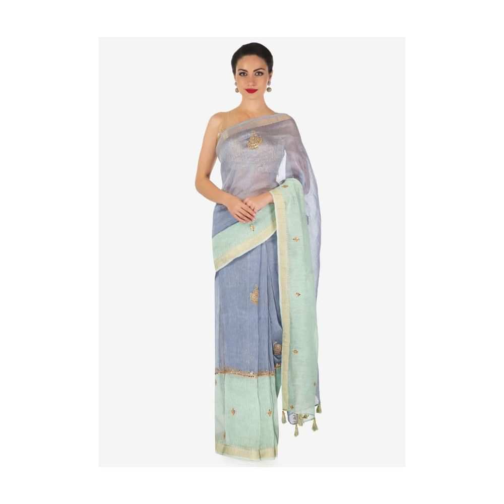 Pista green and blue saree in silk with gotta patch and moti embroidered butti only on Kalki - KALKI Fashion India