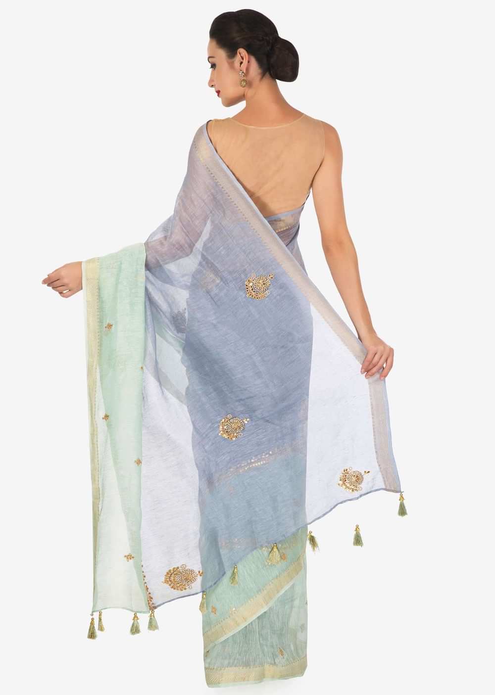 Pista green and blue saree in silk with gotta patch and moti embroidered butti only on Kalki - KALKI Fashion India