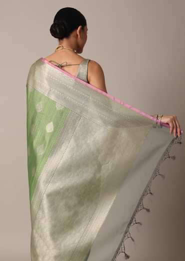 Pista Green Banarasi Tunchui Silk Saree With Woven Motifs And Unstitched Blouse Piece