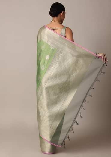 Pista Green Banarasi Tunchui Silk Saree With Woven Motifs And Unstitched Blouse Piece