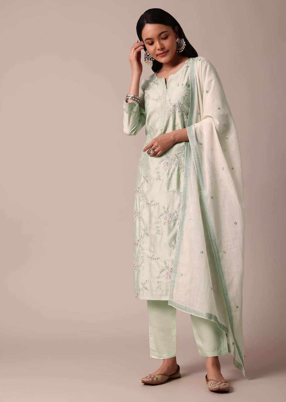 Pista Green Chanderi Pant Set With Embroidery