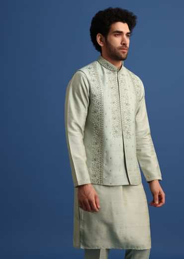 Pista Green Cotton Silk Kurta Jacket Set With Resham And Mirror Work