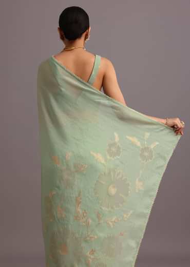 Pista Green Dola Silk Lurex Work Woven Saree With Unstitched Blouse