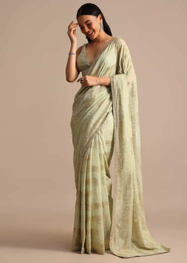 Pista Green Embroidered Georgette Saree With Unstitched Blouse