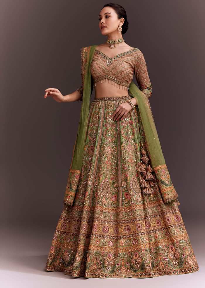 Pista Green Embroidered Lehenga Set