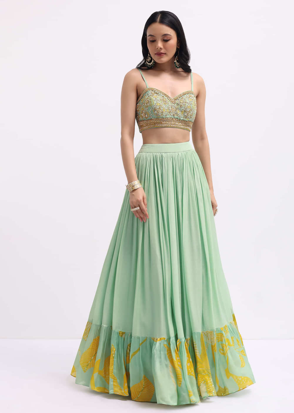 Pista Green Embroidered Silk Lehenga Set With Cape