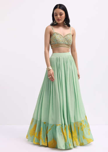 Pista Green Embroidered Silk Lehenga Set With Cape