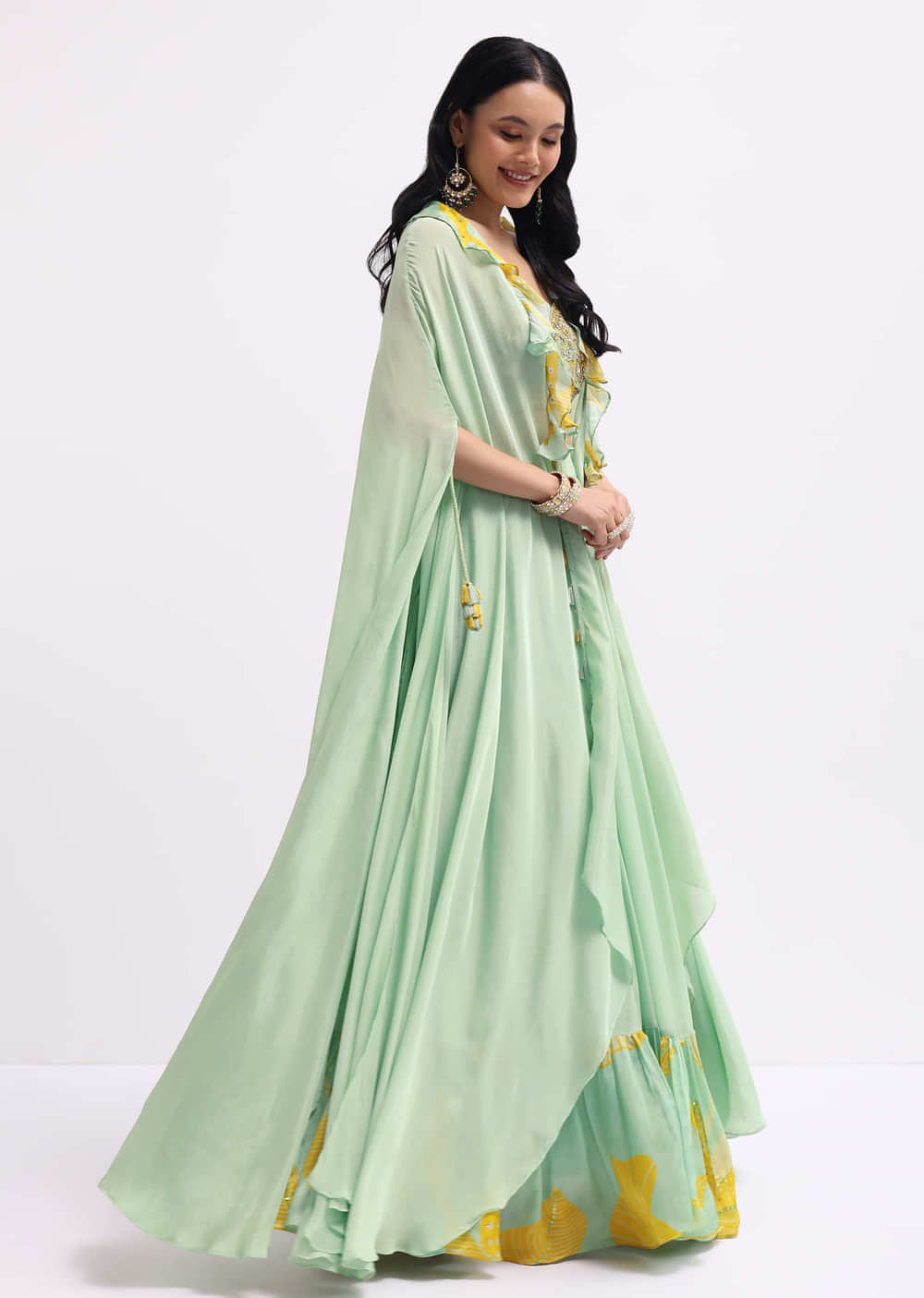 Pista Green Embroidered Silk Lehenga Set With Cape