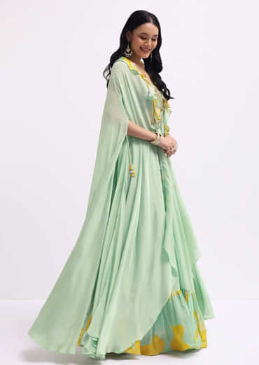 Pista Green Embroidered Silk Lehenga Set With Cape