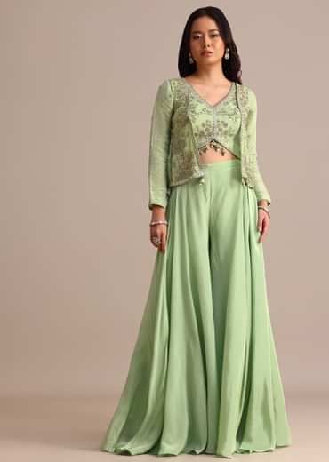 Embrace elegance with our Green Embroidered Tissue Crop Top And Palazzo Suit