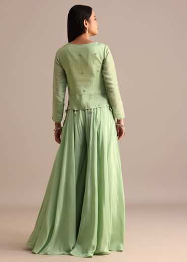 Embrace elegance with our Green Embroidered Tissue Crop Top And Palazzo Suit
