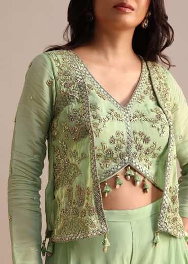 Embrace elegance with our Green Embroidered Tissue Crop Top And Palazzo Suit