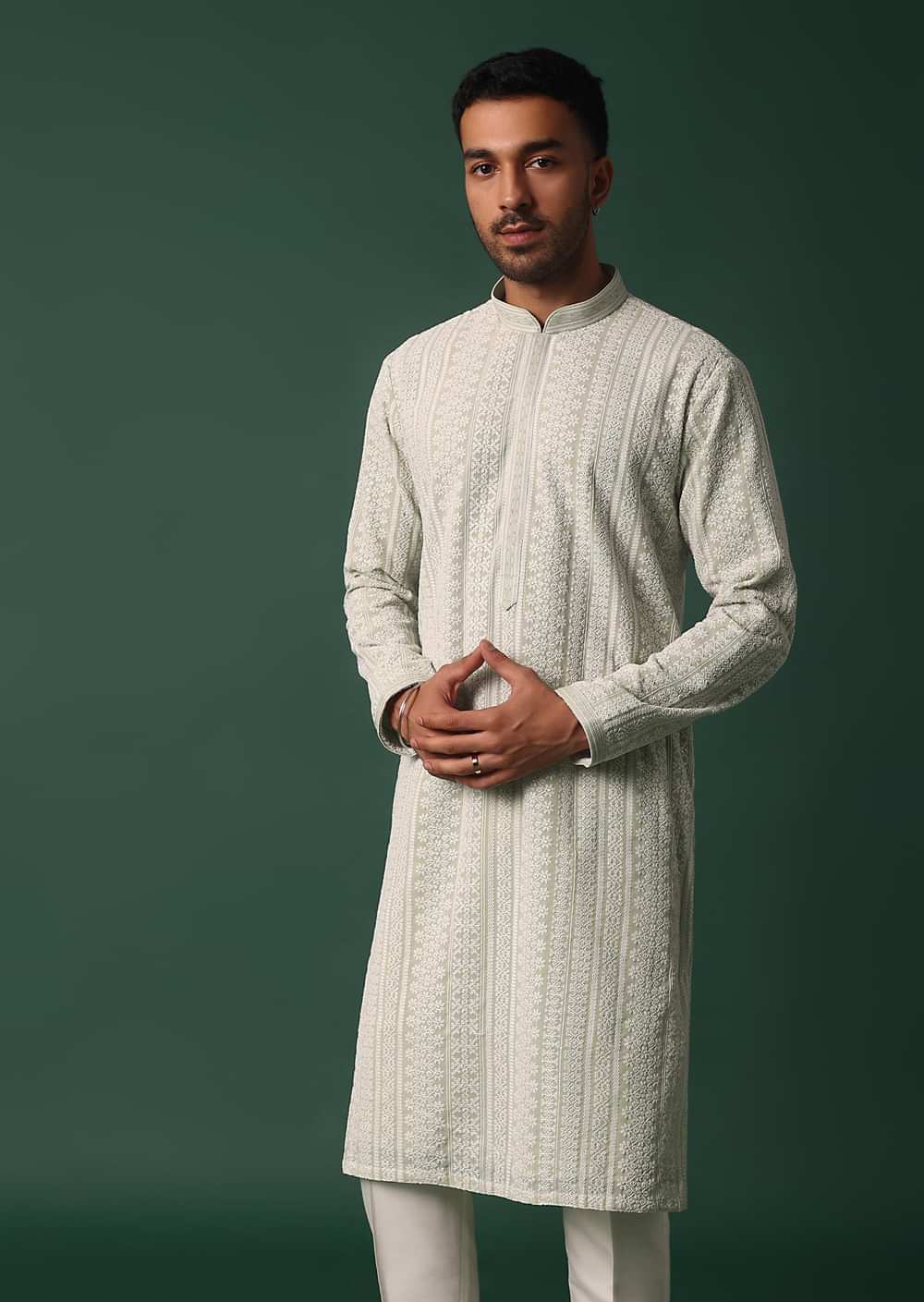 Pista Green Georgette Kurta Set With Chikankari Embroidery