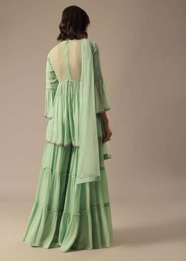 Pista Green Georgette Sharara Set With Peplum Top And Dupatta