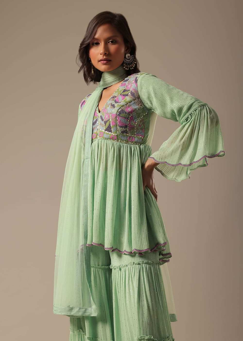 Pista Green Georgette Sharara Set With Peplum Top And Dupatta