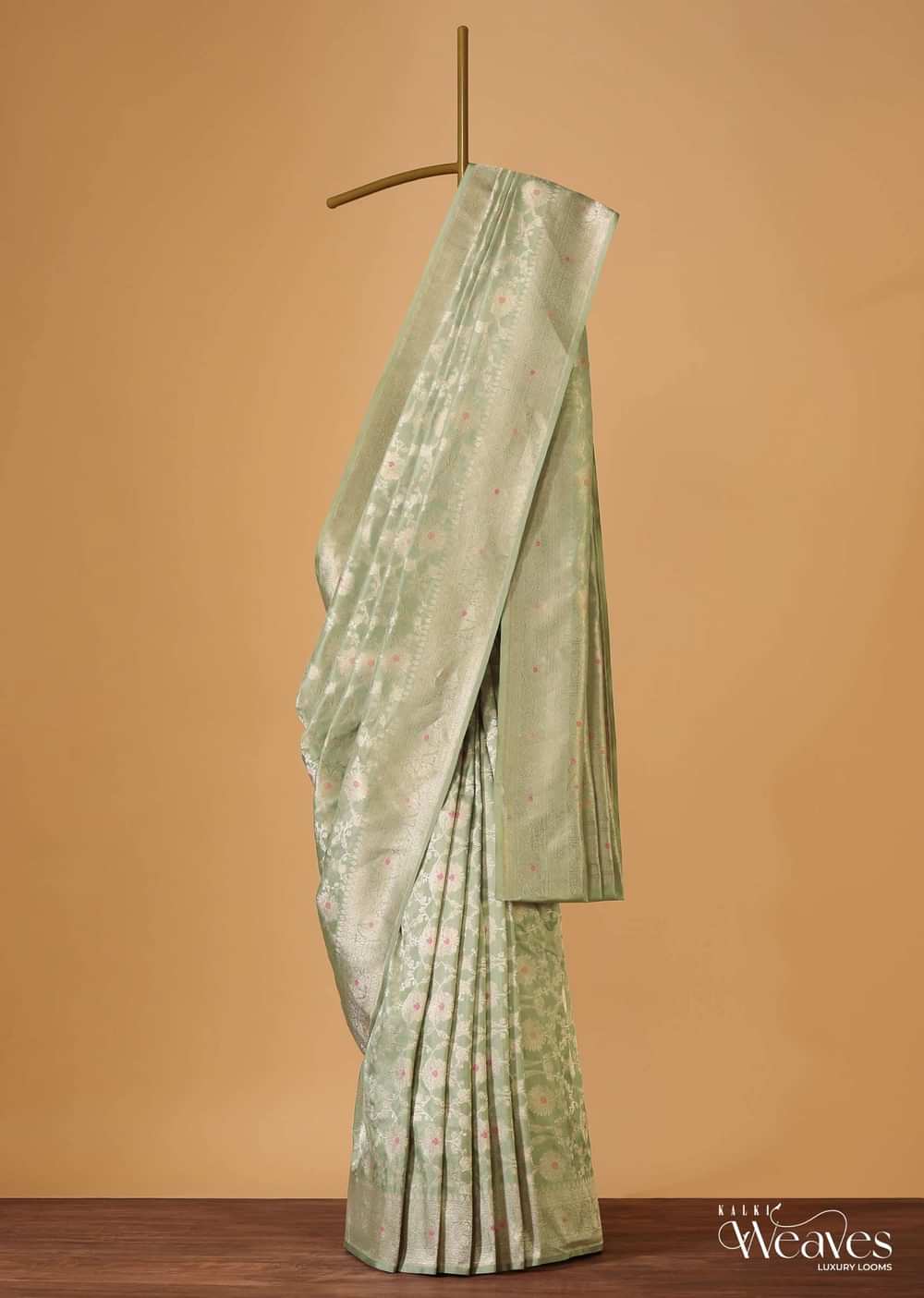 Pista Green Handloom Banarasi Saree In Katan Silk With Meenakari Weave And Unstitched Blouse