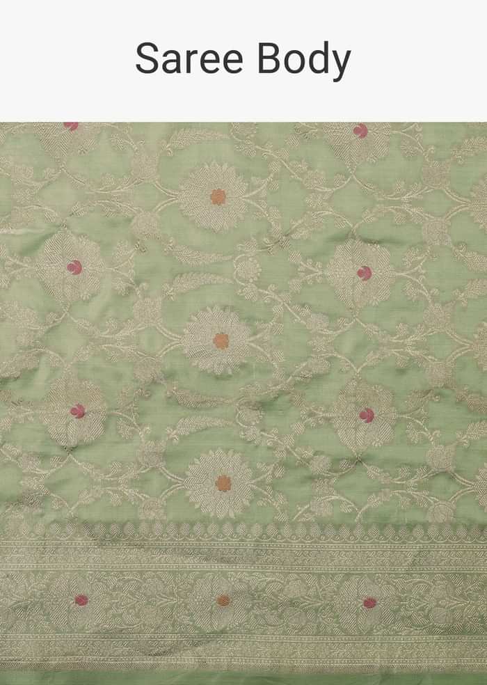 Pista Green Handloom Banarasi Saree In Katan Silk With Meenakari Weave And Unstitched Blouse