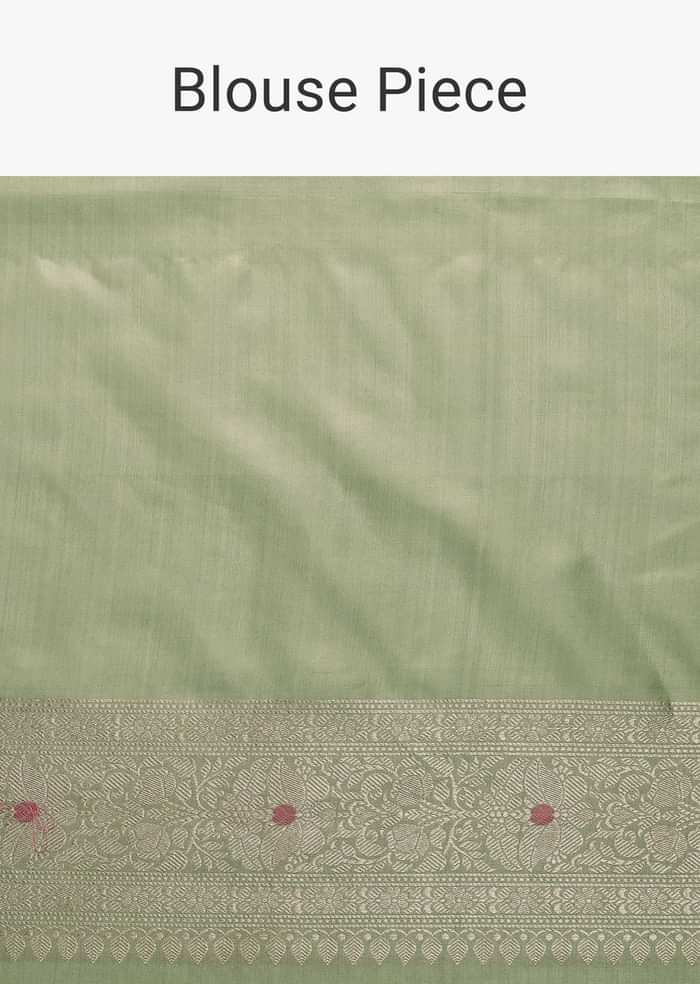 Pista Green Handloom Banarasi Saree In Katan Silk With Meenakari Weave And Unstitched Blouse