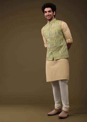 Pista Green Jacket Kurta Set In Art Silk With Threadwork