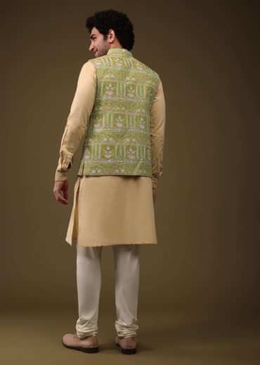 Pista Green Jacket Kurta Set In Art Silk With Threadwork