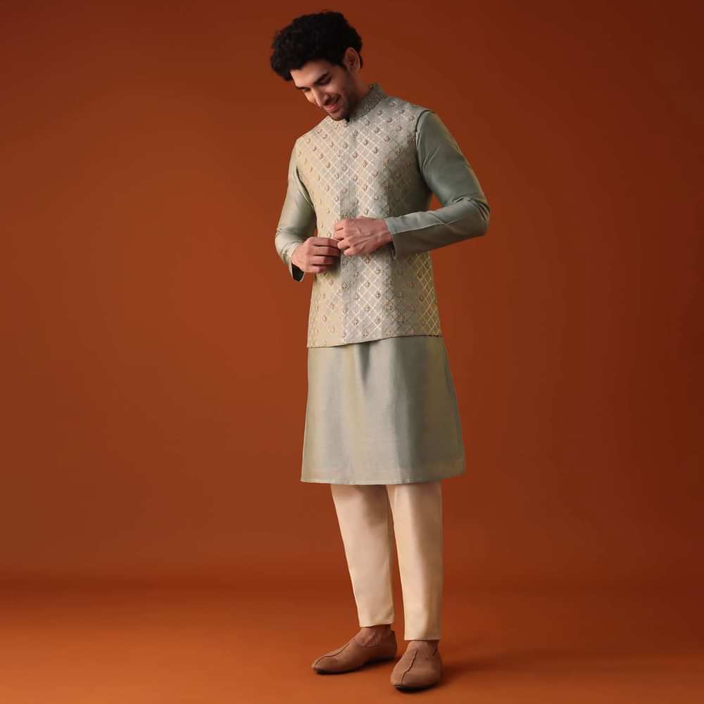 Pista Green Jacket Kurta Set In Silk With Zari And Thread Work