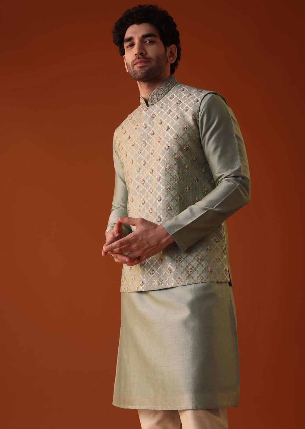 Pista Green Jacket Kurta Set In Silk With Zari And Thread Work