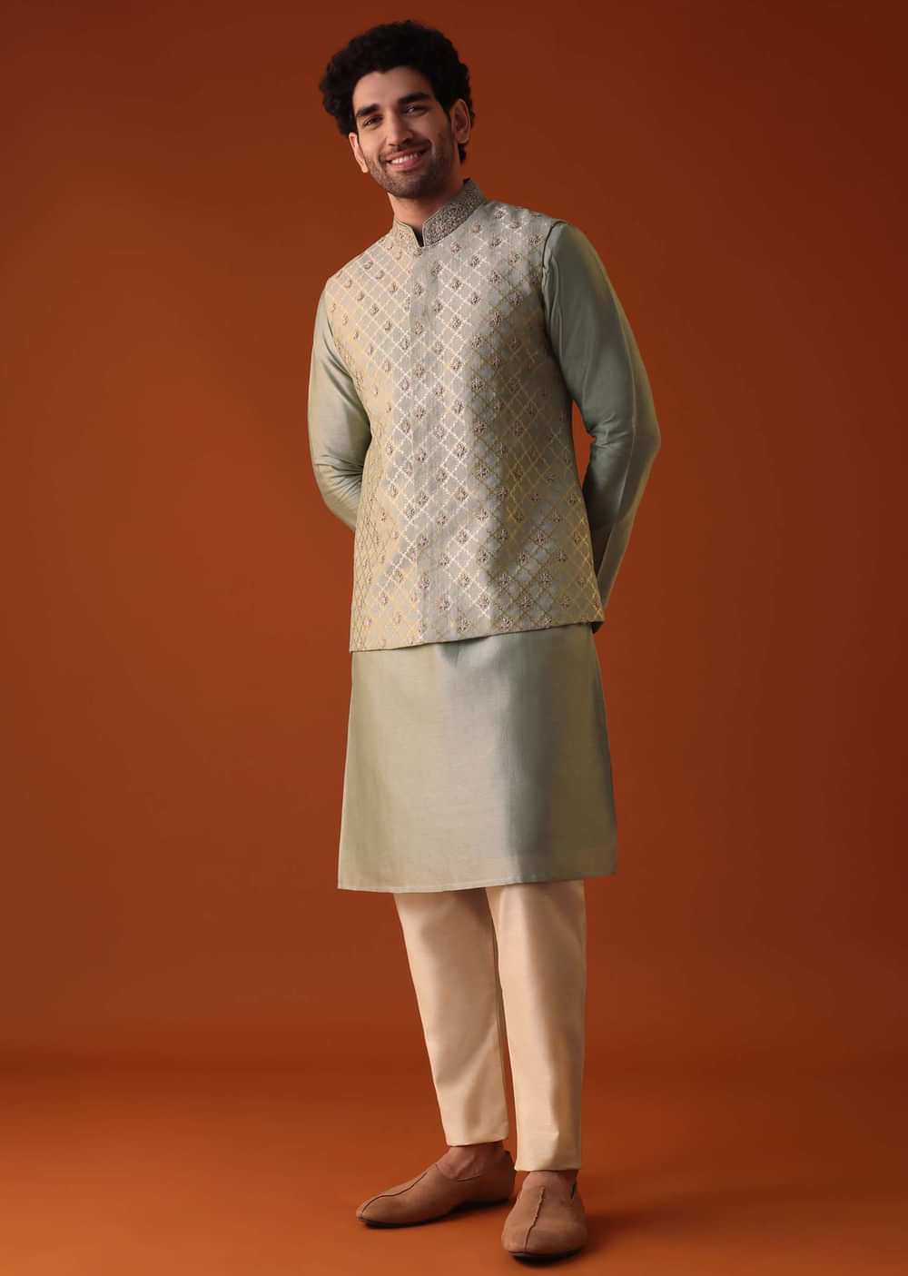 Pista Green Jacket Kurta Set In Silk With Zari And Thread Work
