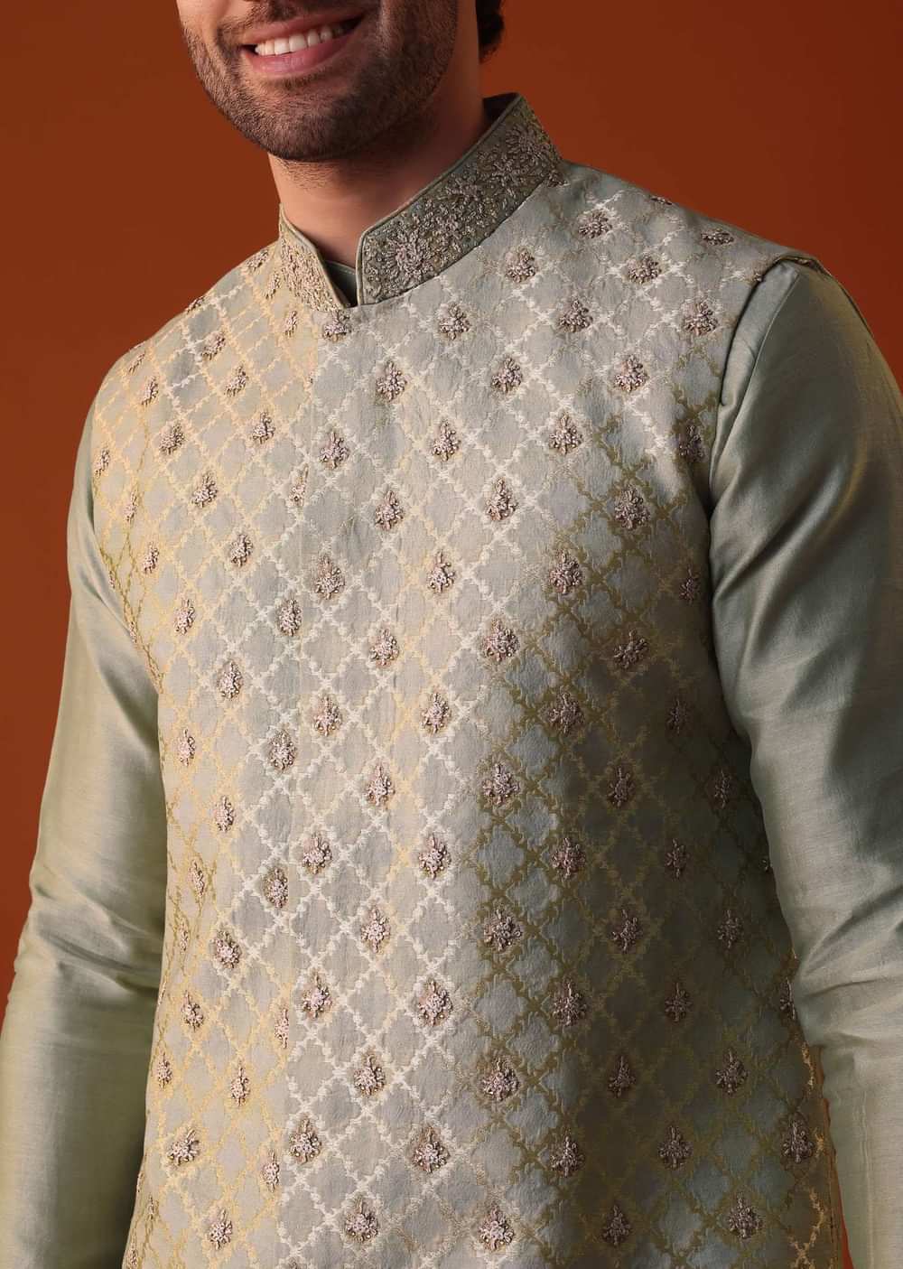 Pista Green Jacket Kurta Set In Silk With Zari And Thread Work
