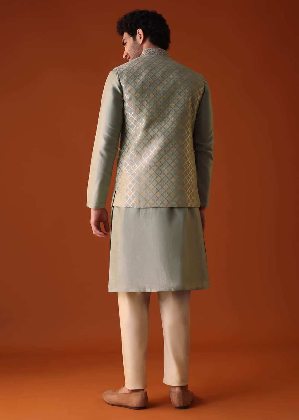 Pista Green Jacket Kurta Set In Silk With Zari And Thread Work