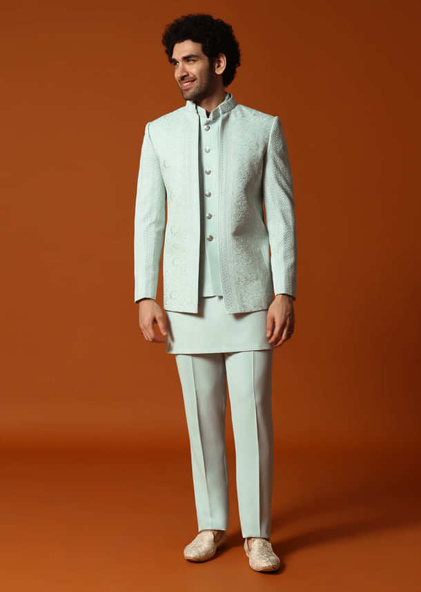 Pista Green Jodhpuri Set In Resham Work For Men