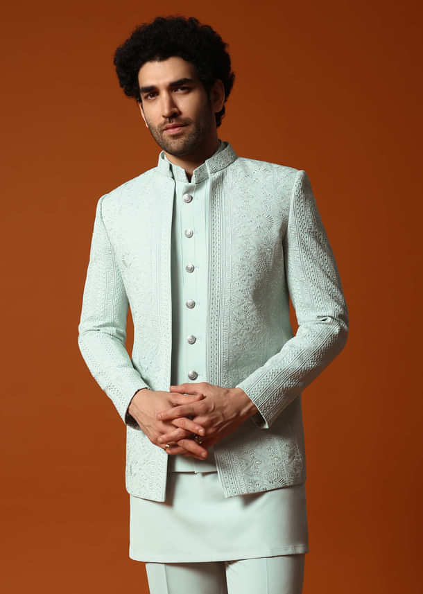 Pista Green Jodhpuri Set In Resham Work For Men