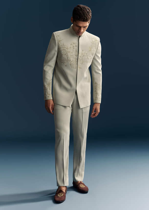 Pista Green Jodhpuri Suit For Men With Beads And Resham Embroidery Pista Green Jodhpuri Suit For Men With Beads And Resham Embroidery