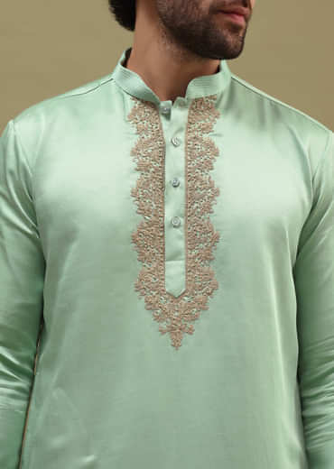 Pista Green Kurta Set In Resham Work With Dupatta For Men