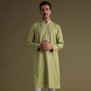 Pista Green Kurta Set In Silk With Mirror Embroidery
