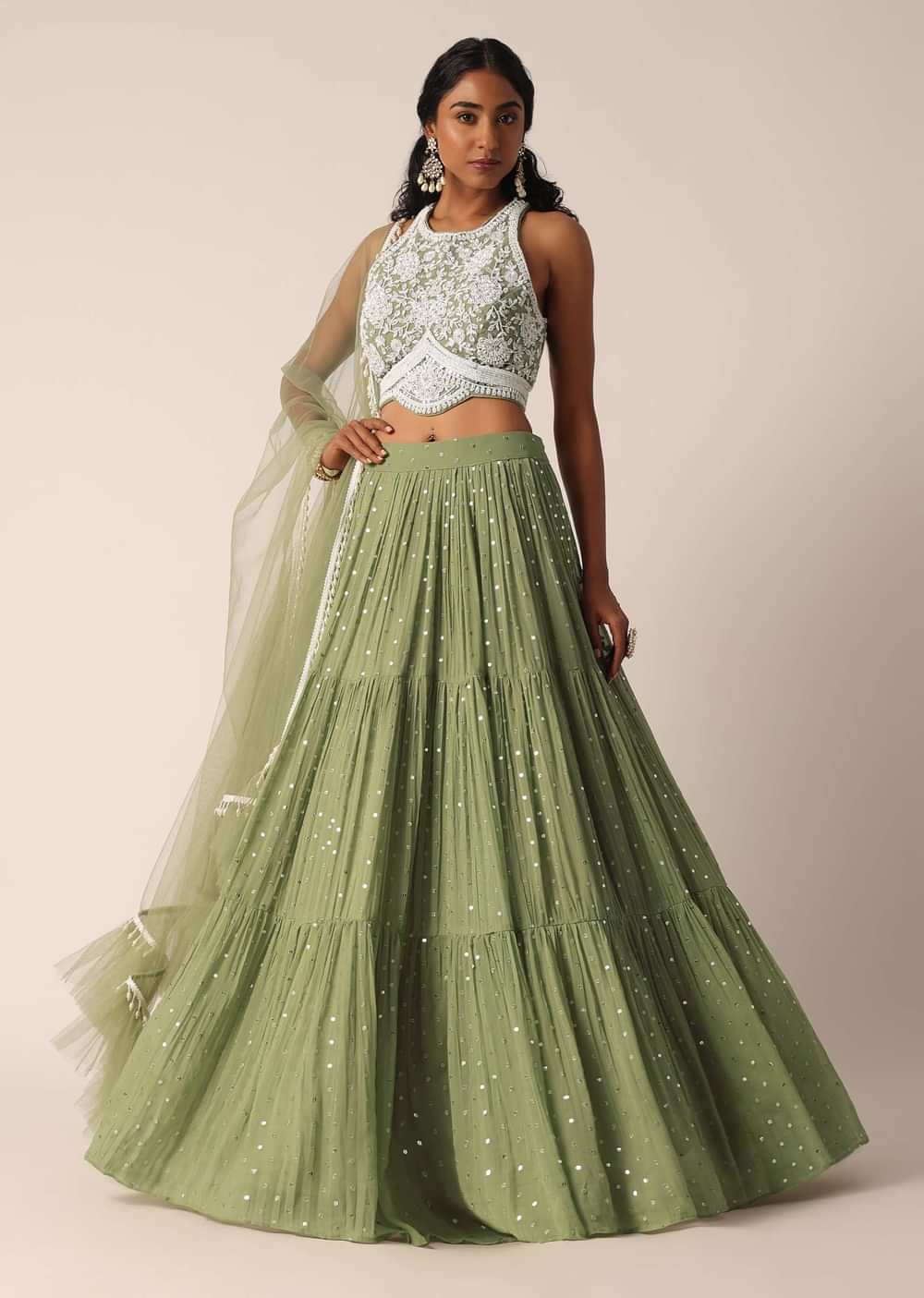 Pista Green Lehenga Set With Embroidered Blouse