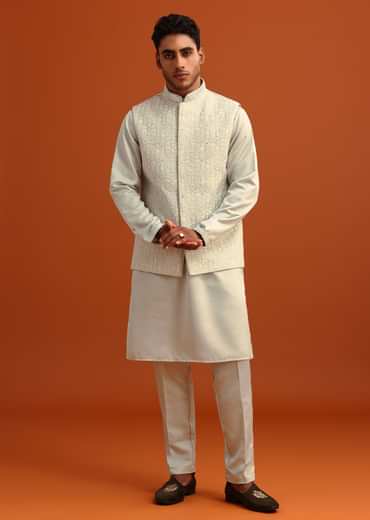 Pista Green Linen Satin Mirror Work Jacket Kurta Set