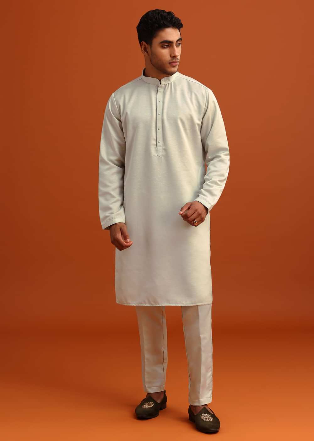 Pista Green Linen Satin Mirror Work Jacket Kurta Set